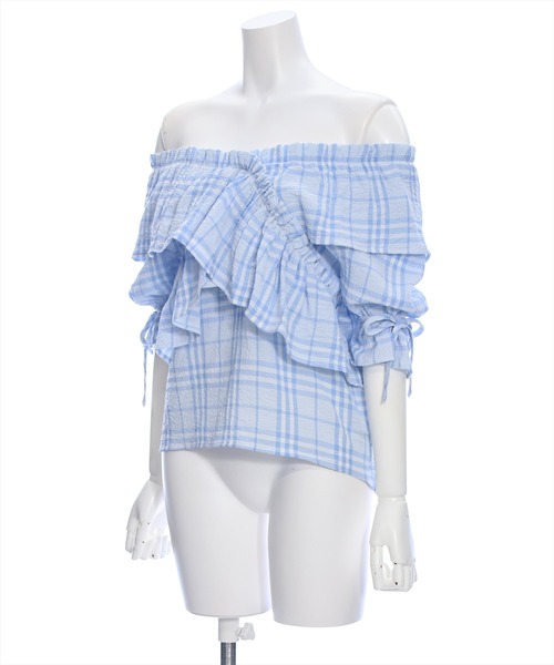 clear（クリア）の「ビッグフリルキャンディースリーブオフショル半袖ブラウス［ヘルシー カジュアル 主役級トップス］≪再入荷≫（シャツ/ブラウス・レディース・ブラック/ブラック系その他/ピンク/ブルー系その他/イエロー・F）」の6枚目の写真