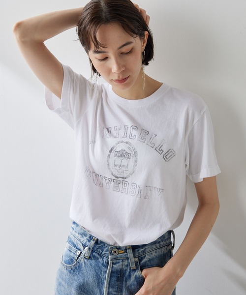 Whim Gazette(ウィムガゼット)の「カスレプリントロゴTシャツ(Tシャツ/カットソー・レディース・ベージュ/インディゴブルー/オフホワイト・FREE)」の2枚目の写真