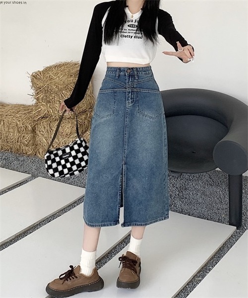 FREE STYLISTS(フリー スタイリスト)の「フロントスリットデニムスカート(デニムスカート・レディース・ブルー・L/XL/S/M)」の7枚目の写真