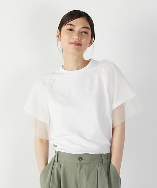 MELROSE claire(メルローズ クレール)の「チュールスリーブプルオーバー(Tシャツ/カットソー・レディース・オフホワイト/ライトグレー/チャコールグレー・FREE)」の1枚目の写真