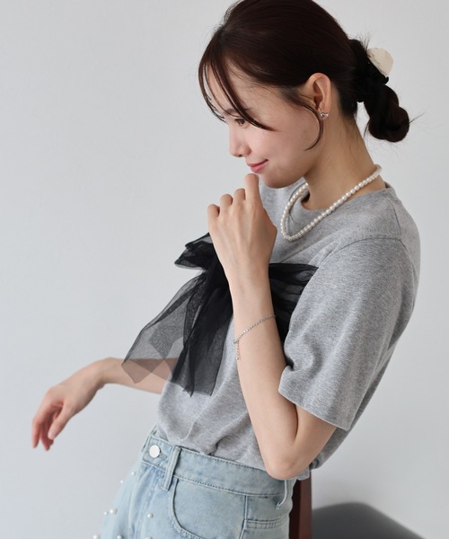 tシャツ ビッグリボンプルオーバー レディース shopnikoniko tシャツ Tシャツ リボン 半袖 オーバーサイズ