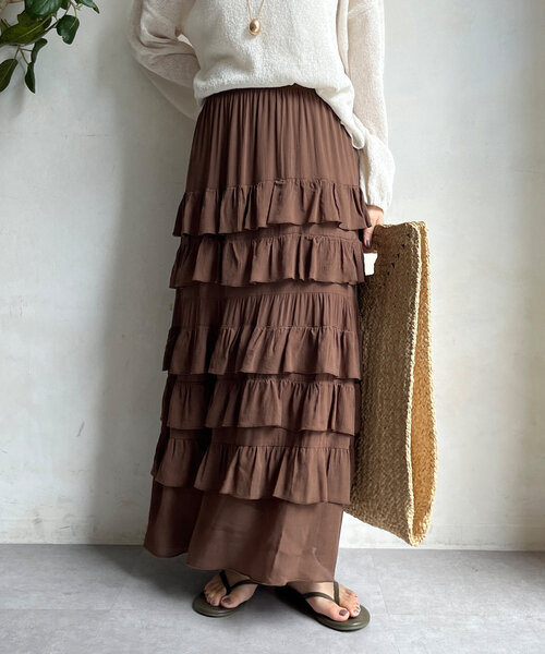 新品 DouDou 三段ティアード プリーツスカート エクリュ ドゥドゥ