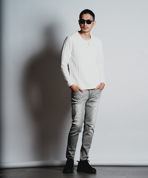 ふくれケーブルジャガードビッグVネックスウェット【セットアップ対応】（スウェット）｜RATTLE TRAP（ラトルトラップ）