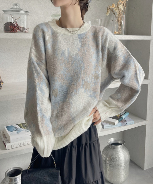 Eclat one(エクラワン)の「水彩タッチ フラワー シャギーニット(ニット/セーター・レディース・アイボリー/ピンク/グリーン・FREE)」の14枚目の写真