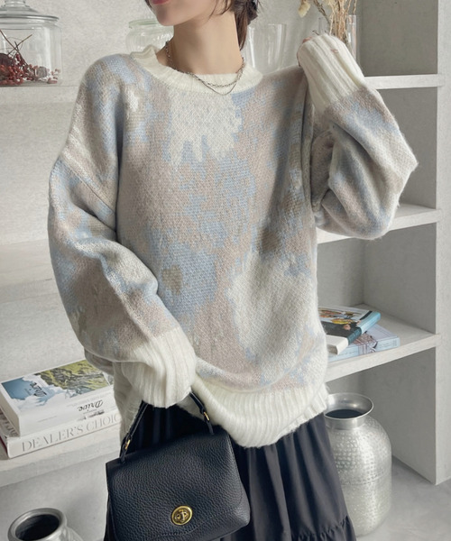 Eclat one(エクラワン)の「水彩タッチ フラワー シャギーニット(ニット/セーター・レディース・アイボリー/ピンク/グリーン・FREE)」の4枚目の写真