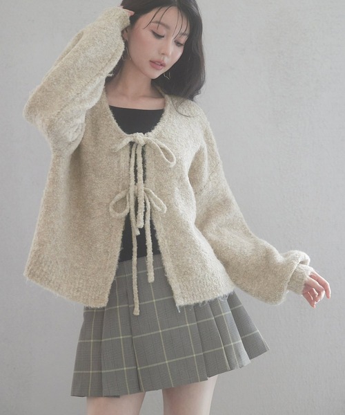 フロントリボンドロップショルダーニットカーディガン（カーディガン