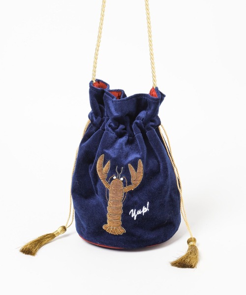 ブラックWデニム♡刺繍の巾着ショルダーバッグ♡ハートフラワー♡ストーン付き niko and（ニコアンド）の「オリジナル刺繍巾着ショルダー