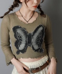 バタフライ貼り付けデザインボートネックニット