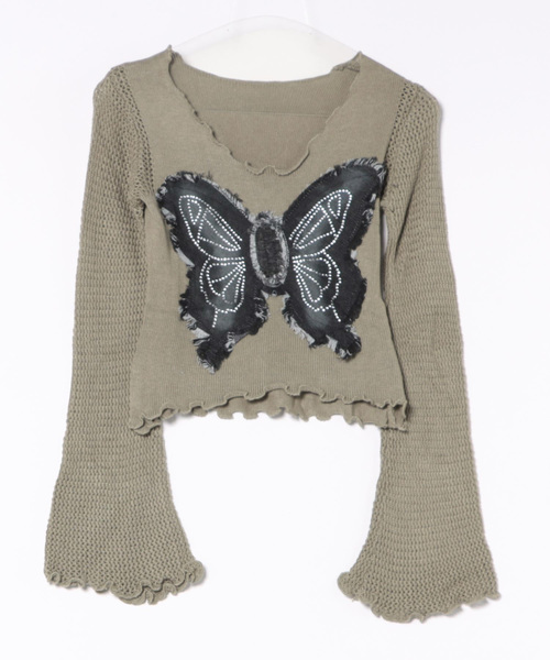 SPINNS（スピンズ）の「バタフライ貼り付けデザインボートネックニット（ニット/セーター・レディース・ブラック/カーキ/アイボリー・ONESIZE）」の7枚目の写真