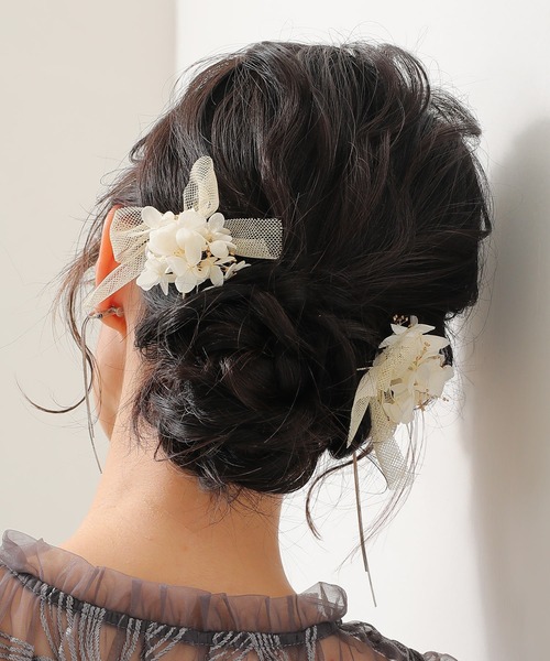 ドライフラワー チュール リボン Uピン 4本セット パーティー ヘア