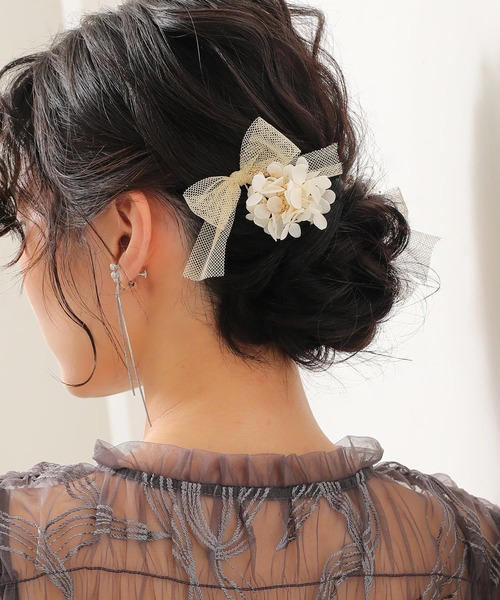 ドライフラワー チュール リボン Uピン 4本セット パーティー ヘア