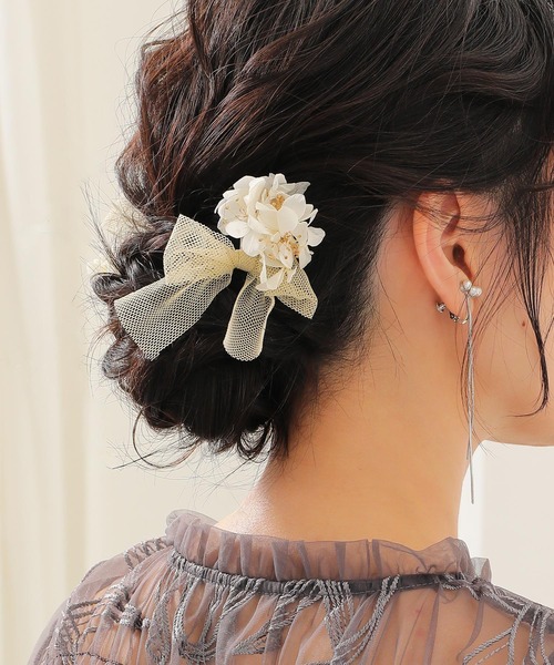 ドライフラワー チュール リボン Uピン 4本セット パーティー ヘア