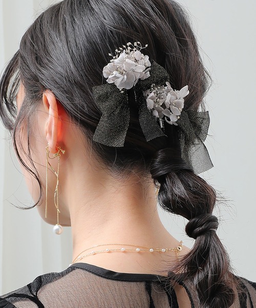 ドライフラワー チュール リボン Uピン 4本セット パーティー ヘア