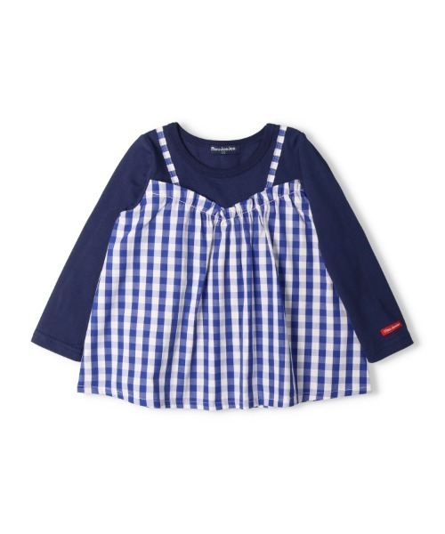 Moujonjon（ムージョンジョン）の「ストライプ・ギンガムチェック柄キャミ付長袖Tシャツ（Tシャツ/カットソー・キッズ・ネイビー/ホワイト・110/100/90/140/130/120/80）」の2枚目の写真