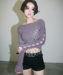 cutwork sleeve shaggy short knit tops / カットワーク袖シャギーショート丈ニットトップス