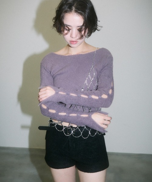 Clum(クルム)の「cutwork sleeve shaggy short knit tops / カットワーク袖シャギーショート丈ニットトップス(ニット/セーター・レディース・ラベンダー/ブラック/ホワイト・FREE)」の17枚目の写真