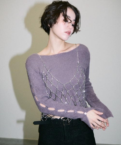 Clum(クルム)の「cutwork sleeve shaggy short knit tops / カットワーク袖シャギーショート丈ニットトップス(ニット/セーター・レディース・ラベンダー/ブラック/ホワイト・FREE)」の18枚目の写真