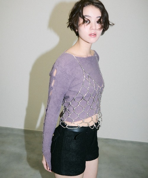 Clum(クルム)の「cutwork sleeve shaggy short knit tops / カットワーク袖シャギーショート丈ニットトップス(ニット/セーター・レディース・ラベンダー/ブラック/ホワイト・FREE)」の20枚目の写真
