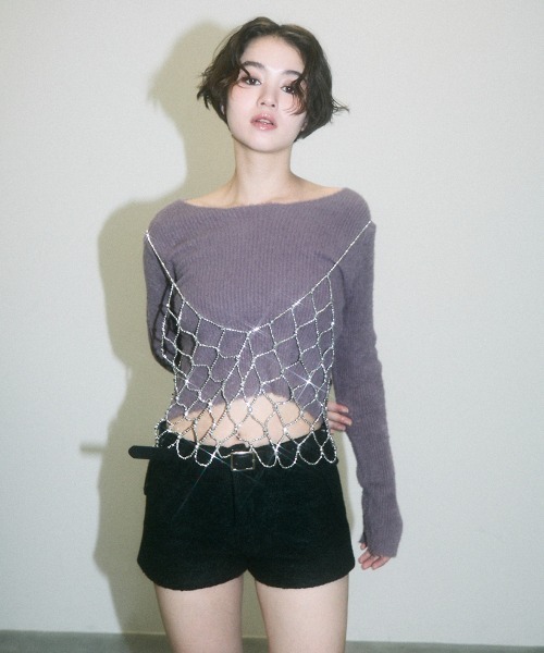 Clum(クルム)の「cutwork sleeve shaggy short knit tops / カットワーク袖シャギーショート丈ニットトップス(ニット/セーター・レディース・ラベンダー/ブラック/ホワイト・FREE)」の21枚目の写真