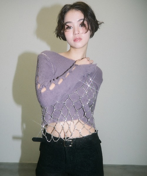 Clum(クルム)の「cutwork sleeve shaggy short knit tops / カットワーク袖シャギーショート丈ニットトップス(ニット/セーター・レディース・ラベンダー/ブラック/ホワイト・FREE)」の22枚目の写真