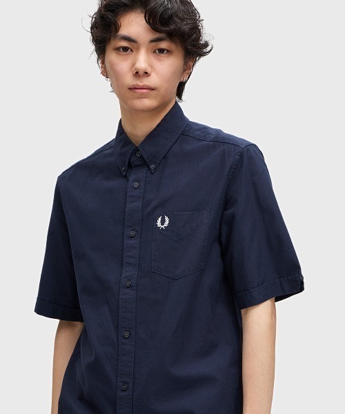 新品未使用Fred Perry ネイビー 半袖シャツXS Oxford Shirt／オックスフォード半袖シャツ（シャツ/ブラウス