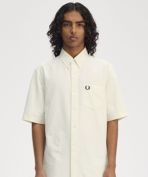 美品 フレッドペリー 半袖 BDシャツ 月桂樹 ロゴ刺繍 オックスフォード 白色 Oxford Shirt／オックスフォード半袖シャツ（シャツ/ブラウス