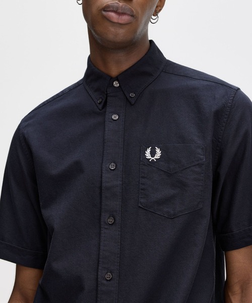 新品未使用Fred Perry ネイビー 半袖シャツXS Oxford Shirt/オックスフォード半袖シャツ(シャツ/ブラウス