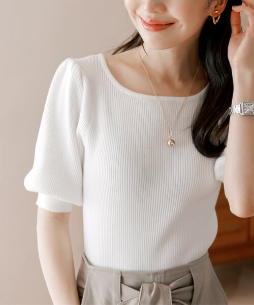 KOBE LETTUCE（コウベレタス）の「選べるデザイン 半袖ベーシックリブニットトップス（ニット/セーター・レディース・ホワイト系/アイボリー系2/ホワイト系1/ブラウン系1/ネイビー系3/グレー系2/アイボリー系/ネイビー系/グレー/ブルー系2/ワインレッド/ピンク系/ブルー系3/ブルー系1/ピンク系1/ピンク系2/ホワイト/グリーン/アイボリー系1/ネイビー系1/グリーン系/グリーン系2/ブルー系/ブラック系/ワイン系/グレー系/グリーン系1/ワイン系2/ベビーピンク/ブラウン系/アイボリー系3/ブラウン系2/ホワイト系2/ホワイト系3/ブラック系1/ブラック系2/ブラック系3/ブルー系4/アイボリー系4/ネイビー系2/ネイビー系4/グレー系1/グレー系3/ブラウン系3/ホワイト系その他/ホワイト系その他2/ホワイト系その他3/ホワイト系その他4/ワイン系1/ワイン系3・2/3/4/1/5）」の8枚目の写真