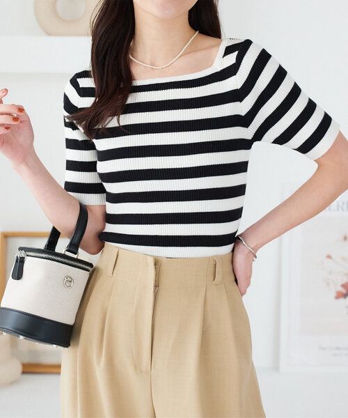 KOBE LETTUCE（コウベレタス）の「選べるデザイン 半袖ベーシックリブニットトップス（ニット/セーター・レディース・ホワイト系/アイボリー系2/ホワイト系1/ブラウン系1/ネイビー系3/グレー系2/アイボリー系/ネイビー系/グレー/ブルー系2/ワインレッド/ピンク系/ブルー系3/ブルー系1/ピンク系1/ピンク系2/ホワイト/グリーン/アイボリー系1/ネイビー系1/グリーン系/グリーン系2/ブルー系/ブラック系/ワイン系/グレー系/グリーン系1/ワイン系2/ベビーピンク/ブラウン系/アイボリー系3/ブラウン系2/ホワイト系2/ホワイト系3/ブラック系1/ブラック系2/ブラック系3/ブルー系4/アイボリー系4/ネイビー系2/ネイビー系4/グレー系1/グレー系3/ブラウン系3/ホワイト系その他/ホワイト系その他2/ホワイト系その他3/ホワイト系その他4/ワイン系1/ワイン系3・2/3/4/1/5）」の5枚目の写真