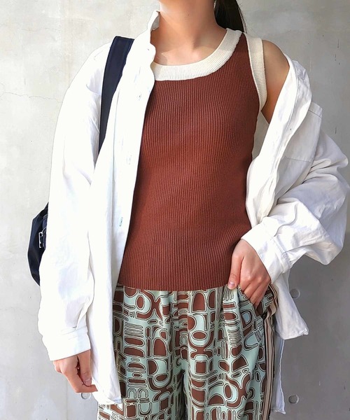 Q(キュー)の「配色リブニットタンク(タンクトップ・レディース・アイボリー/ブラック/ブラウン・MEDIUM)」の8枚目の写真