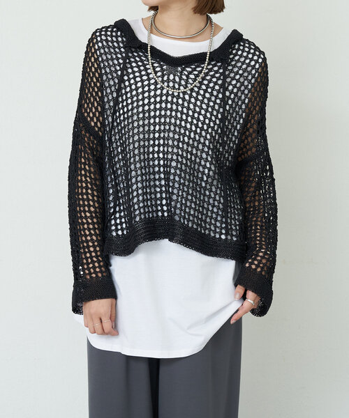 【値下げ】Shiny sheer knit セール】LINE STITCH MESH SHEER KNIT/ラインステッチメッシュ