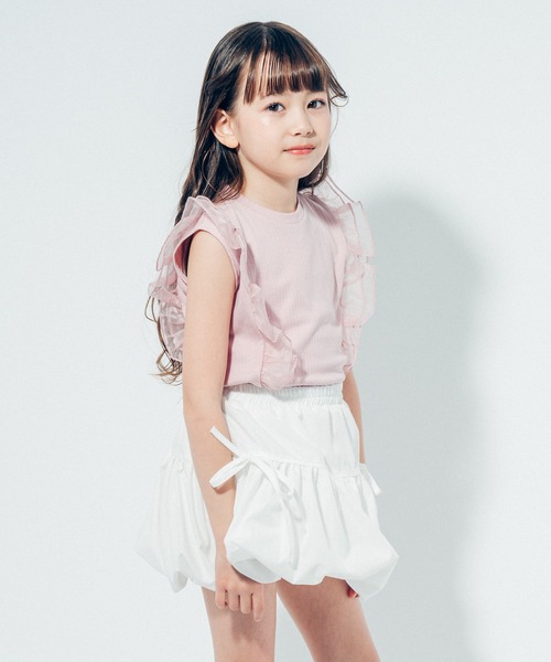 URBAN CHERRY（アーバンチェリー）の「【快適さらリブ素材】シアーフリルノースリーブリブトップス（Tシャツ/カットソー・キッズ・ピンク/アイボリー/ブラック/ブルー・110cm/130cm/140cm/150cm/120cm）」の4枚目の写真