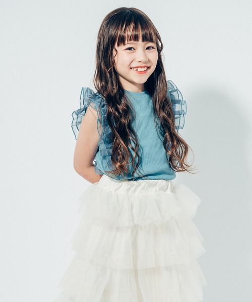 URBAN CHERRY（アーバンチェリー）の「【快適さらリブ素材】シアーフリルノースリーブリブトップス（Tシャツ/カットソー・キッズ・ピンク/アイボリー/ブラック/ブルー・110cm/130cm/140cm/150cm/120cm）」の3枚目の写真