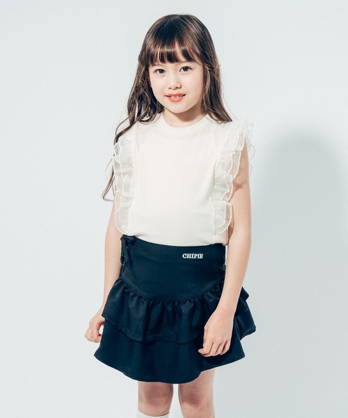 URBAN CHERRY（アーバンチェリー）の「【快適さらリブ素材】シアーフリルノースリーブリブトップス（Tシャツ/カットソー・キッズ・ピンク/アイボリー/ブラック/ブルー・110cm/130cm/140cm/150cm/120cm）」の2枚目の写真