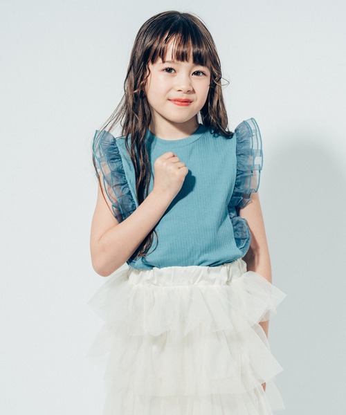 URBAN CHERRY（アーバンチェリー）の「【快適さらリブ素材】シアーフリルノースリーブリブトップス（Tシャツ/カットソー・キッズ・ピンク/アイボリー/ブラック/ブルー・110cm/130cm/140cm/150cm/120cm）」の10枚目の写真