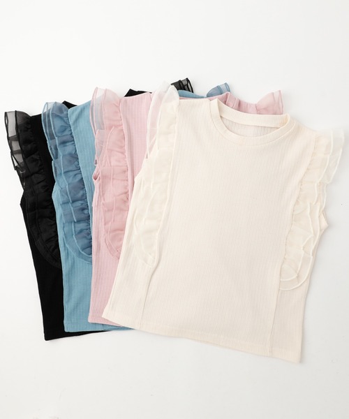 URBAN CHERRY（アーバンチェリー）の「【快適さらリブ素材】シアーフリルノースリーブリブトップス（Tシャツ/カットソー・キッズ・ピンク/アイボリー/ブラック/ブルー・110cm/130cm/140cm/150cm/120cm）」の5枚目の写真