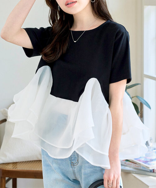 KOBE LETTUCE(コウベレタス)の「オーガンジードッキングペプラムTシャツ(Tシャツ/カットソー・レディース・ブラック×ブラック/ホワイト×ホワイト/ブラック系その他/ホワイト系その他/ブラック×ホワイト・M)」の13枚目の写真