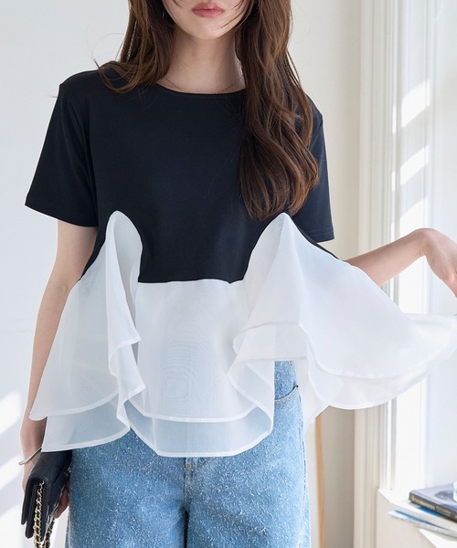 KOBE LETTUCE(コウベレタス)の「オーガンジードッキングペプラムTシャツ(Tシャツ/カットソー・レディース・ブラック×ブラック/ホワイト×ホワイト/ブラック系その他/ホワイト系その他/ブラック×ホワイト・M)」の15枚目の写真
