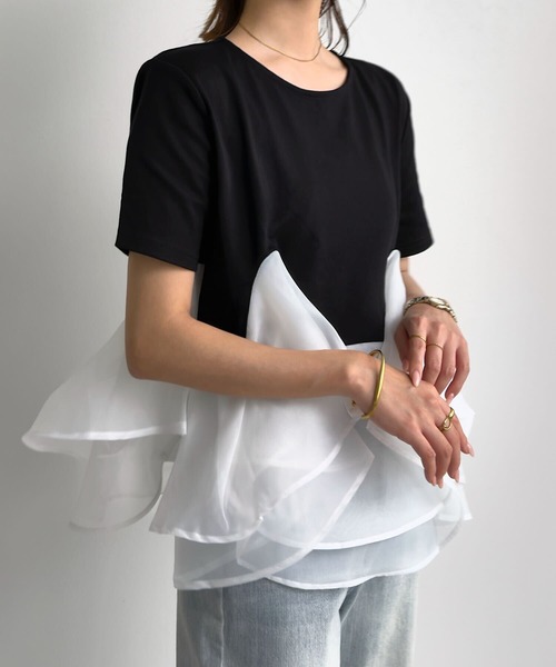 KOBE LETTUCE(コウベレタス)の「オーガンジードッキングペプラムTシャツ(Tシャツ/カットソー・レディース・ブラック×ブラック/ホワイト×ホワイト/ブラック系その他/ホワイト系その他/ブラック×ホワイト・M)」の18枚目の写真