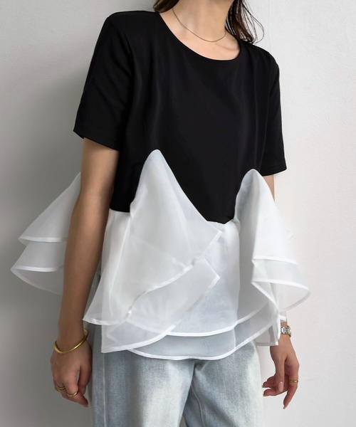 KOBE LETTUCE(コウベレタス)の「オーガンジードッキングペプラムTシャツ(Tシャツ/カットソー・レディース・ブラック×ブラック/ホワイト×ホワイト/ブラック系その他/ホワイト系その他/ブラック×ホワイト・M)」の17枚目の写真