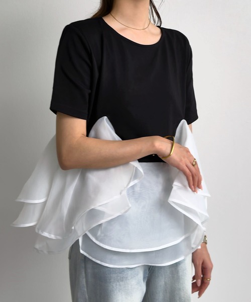 KOBE LETTUCE(コウベレタス)の「オーガンジードッキングペプラムTシャツ(Tシャツ/カットソー・レディース・ブラック×ブラック/ホワイト×ホワイト/ブラック系その他/ホワイト系その他/ブラック×ホワイト・M)」の16枚目の写真