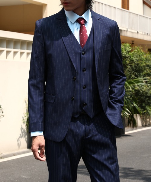メンズ ストライプ スリーピーススーツセット (ジャケット、ベスト、パンツ) セール】【Cloudstyle】ストライプ スーツセットアップ ジャケット