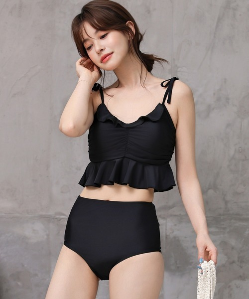 レディース水着 肩リボンビスチェ風ペプラムハイウエストビキニ 上下2