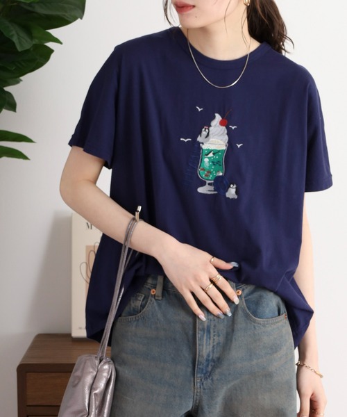 クリームソーダ刺繍ドルマンTシャツ emago ナチュラル カジュアル 大人 かわいい 北欧 Tシャツ　クリームソーダ Emago tシャツ EMAGO クリームソーダ刺繍ドルマンTシャツ