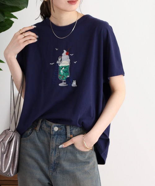 Emago(イマゴ)の「EMAGO クリームソーダ刺繍ドルマンTシャツ(Tシャツ/カットソー・レディース・ホワイト×ブルー/アイボリー/ネイビー・FREE)」の19枚目の写真