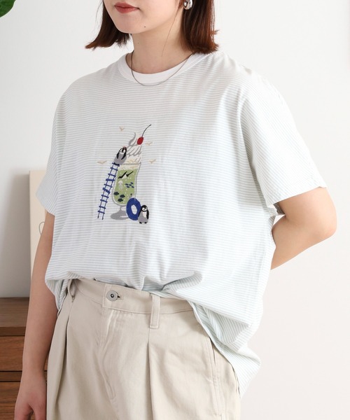 Emago(イマゴ)の「EMAGO クリームソーダ刺繍ドルマンTシャツ(Tシャツ/カットソー・レディース・ホワイト×ブルー/アイボリー/ネイビー・FREE)」の6枚目の写真