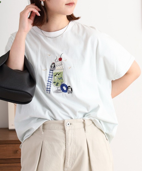 Emago(イマゴ)の「EMAGO クリームソーダ刺繍ドルマンTシャツ(Tシャツ/カットソー・レディース・ホワイト×ブルー/アイボリー/ネイビー・FREE)」の4枚目の写真