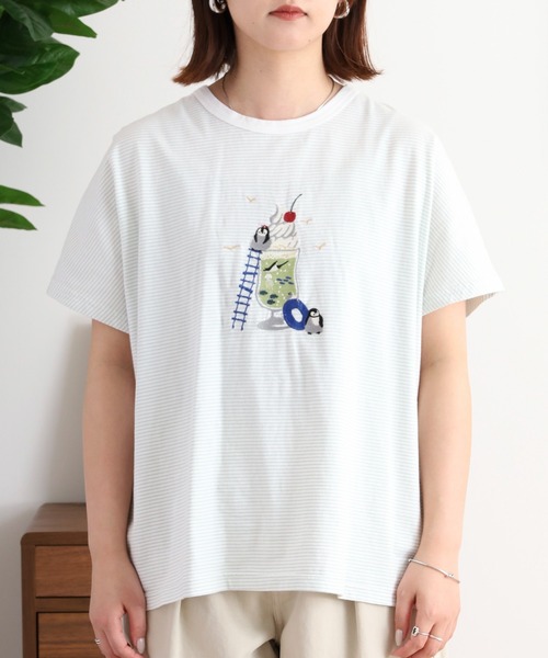 Emago(イマゴ)の「EMAGO クリームソーダ刺繍ドルマンTシャツ(Tシャツ/カットソー・レディース・ホワイト×ブルー/アイボリー/ネイビー・FREE)」の17枚目の写真