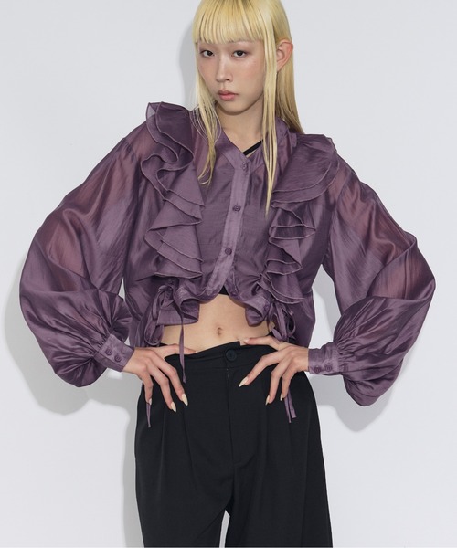 Ezick（エジック）の「Midnight Ruffle ドロストシアーブラウス（シャツ/ブラウス・レディース・ブラック/パープル/グレイッシュブルー・FREE）」の3枚目の写真