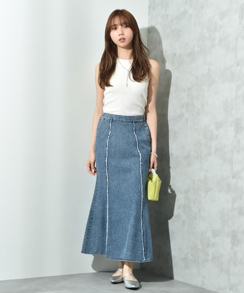 INTERPLANET（インタープラネット）の「フリンジ切替デニムスカート（デニムスカート・レディース・ライトブルー/ブラック・FREE）」の3枚目の写真